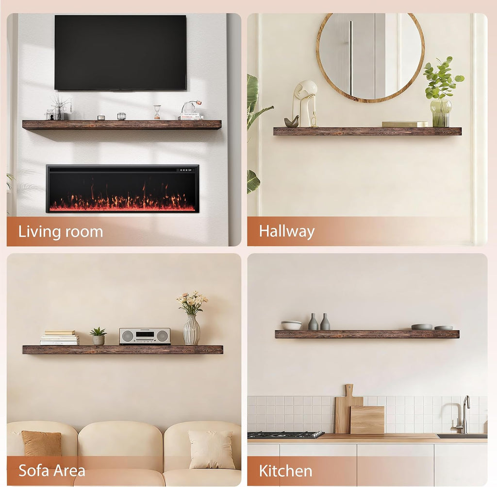 72 Inch Fireplace Mantel Shelf - 8' Deep Solid Wood Floating Mantel for Over Fireplace - 120LBS with Invisible Bracket - Handcrafted TV Decor for Livingroom & Bedroom -Charred Rustic Brown