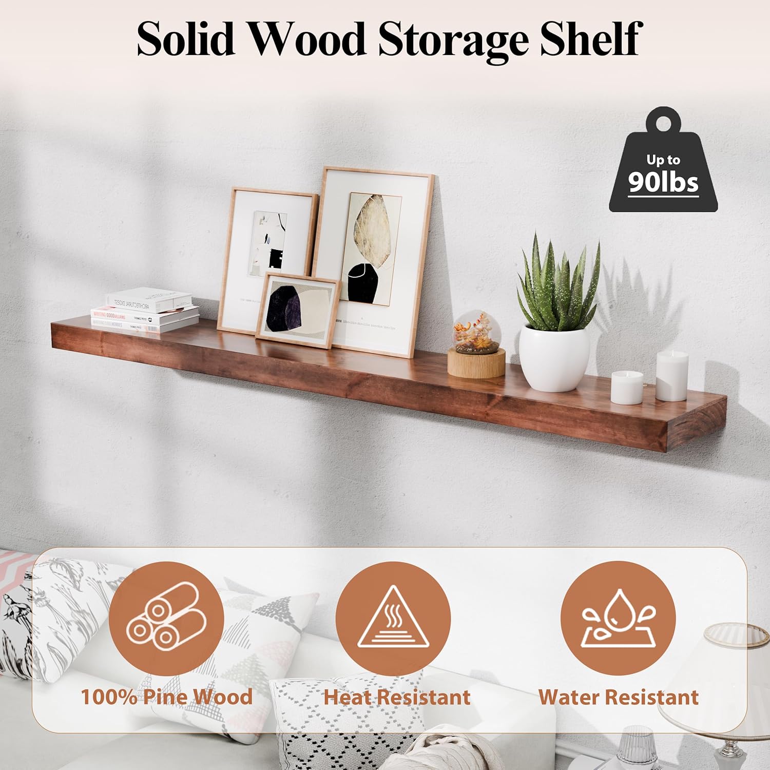 60 Inch Fireplace Mantel Shelf - 7' Deep Solid Wood Floating Mantel for Over Fireplace - 90LBS with Invisible Bracket - Handcrafted TV Decor for Livingroom & Bedroom - Walnut