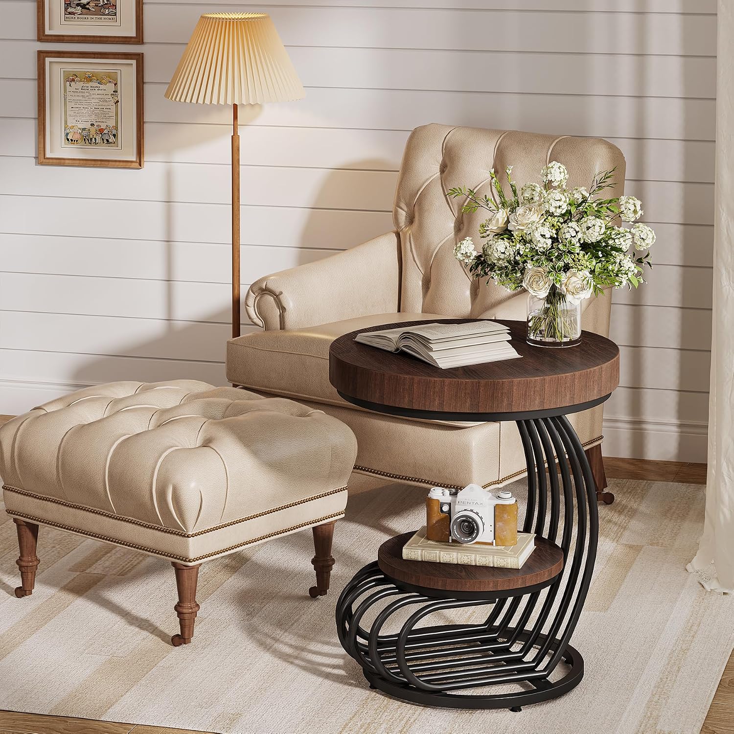 Tribesigns Round End Table Set of 2, 2-Tier Farmhose Wood Side Table with Shelf Storage, Small Sofa Side Bedside Nightstand, Accent Furniture for Living Room, Rustic Brown