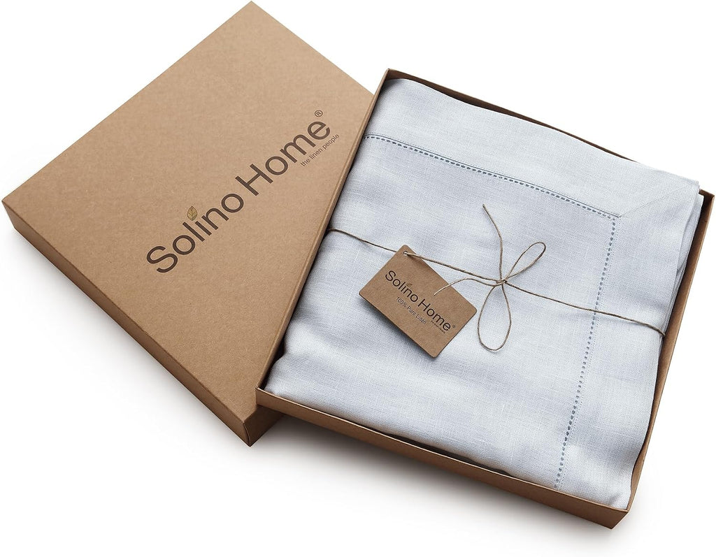 Solino Home Light Blue Linen Tablecloth 60 x 120 Inch - 100% Pure Linen Hemstitch Table Cloth for Rectangle Tables - Classic Hemstitch, Machine Washable Tablecloth for Summer