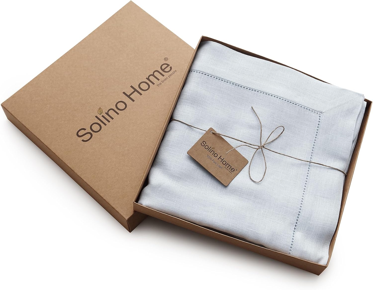Solino Home Light Blue Linen Tablecloth 60 x 120 Inch - 100% Pure Linen Hemstitch Table Cloth for Rectangle Tables - Classic Hemstitch, Machine Washable Tablecloth for Summer