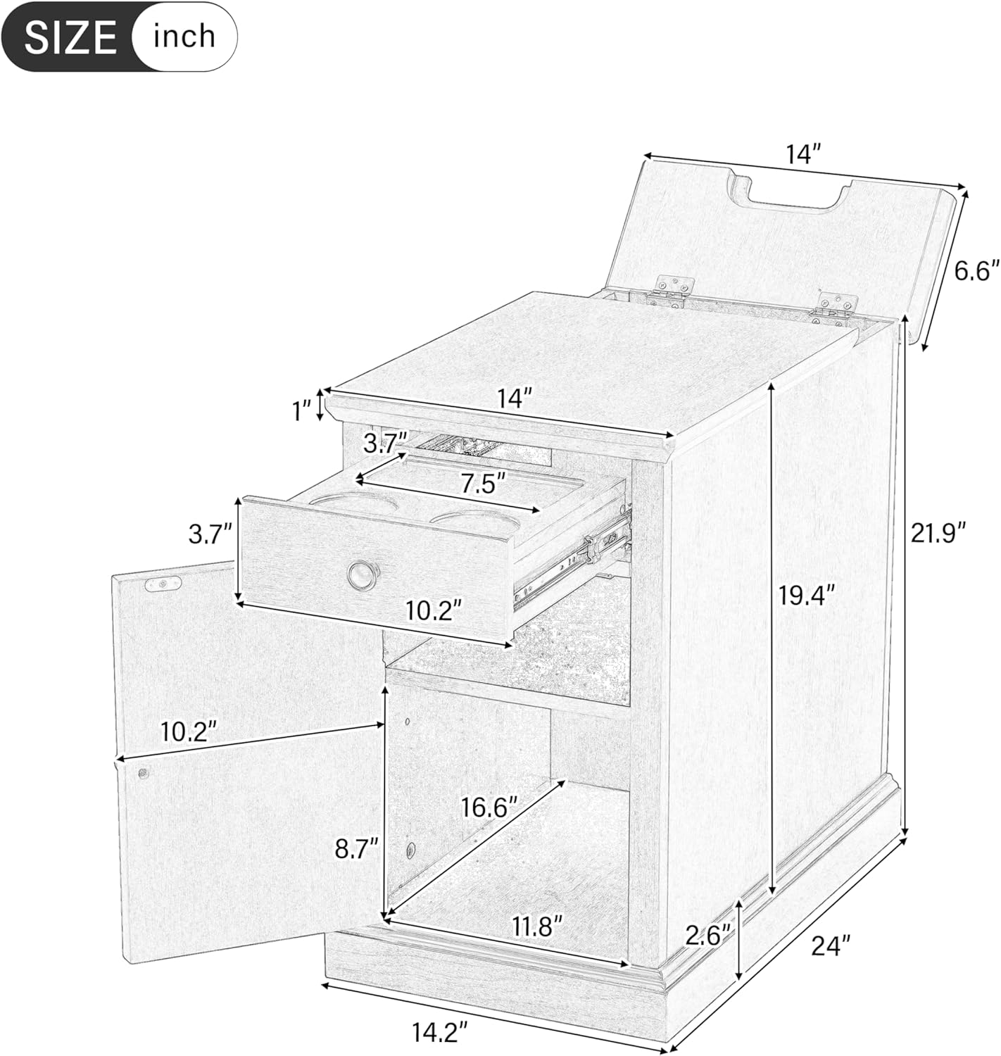 Multifunctional Classic Vintage End Table with USB Ports and 1 Drawer with Cup Holders, Sofa Side Narrow Table with Storage, Bedside Nightstand for Living Room Bedroom (Antique Gray-4.3)