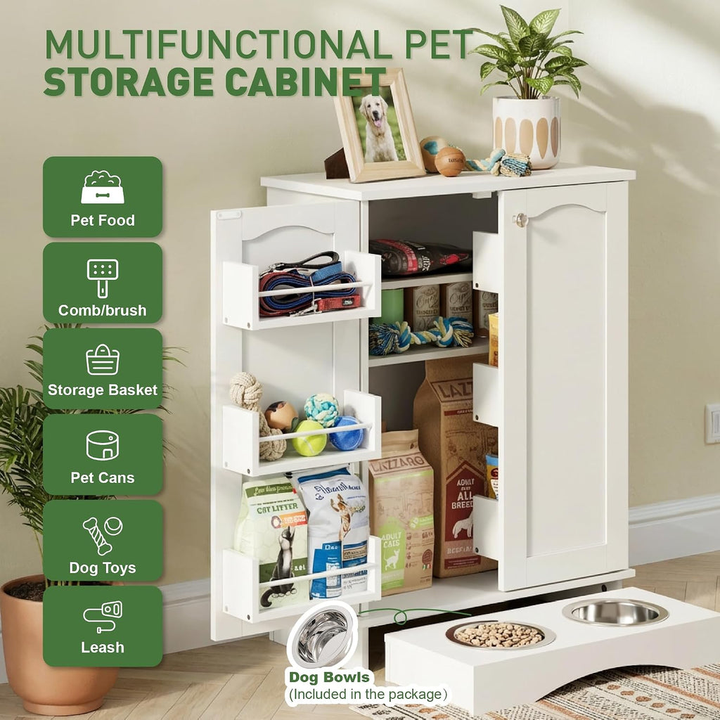 Hometis 23.5'(w) Dog Feeding Station with Storage, Dual Door Hung Storage, Hidden Feeding Bowls,(Off White)