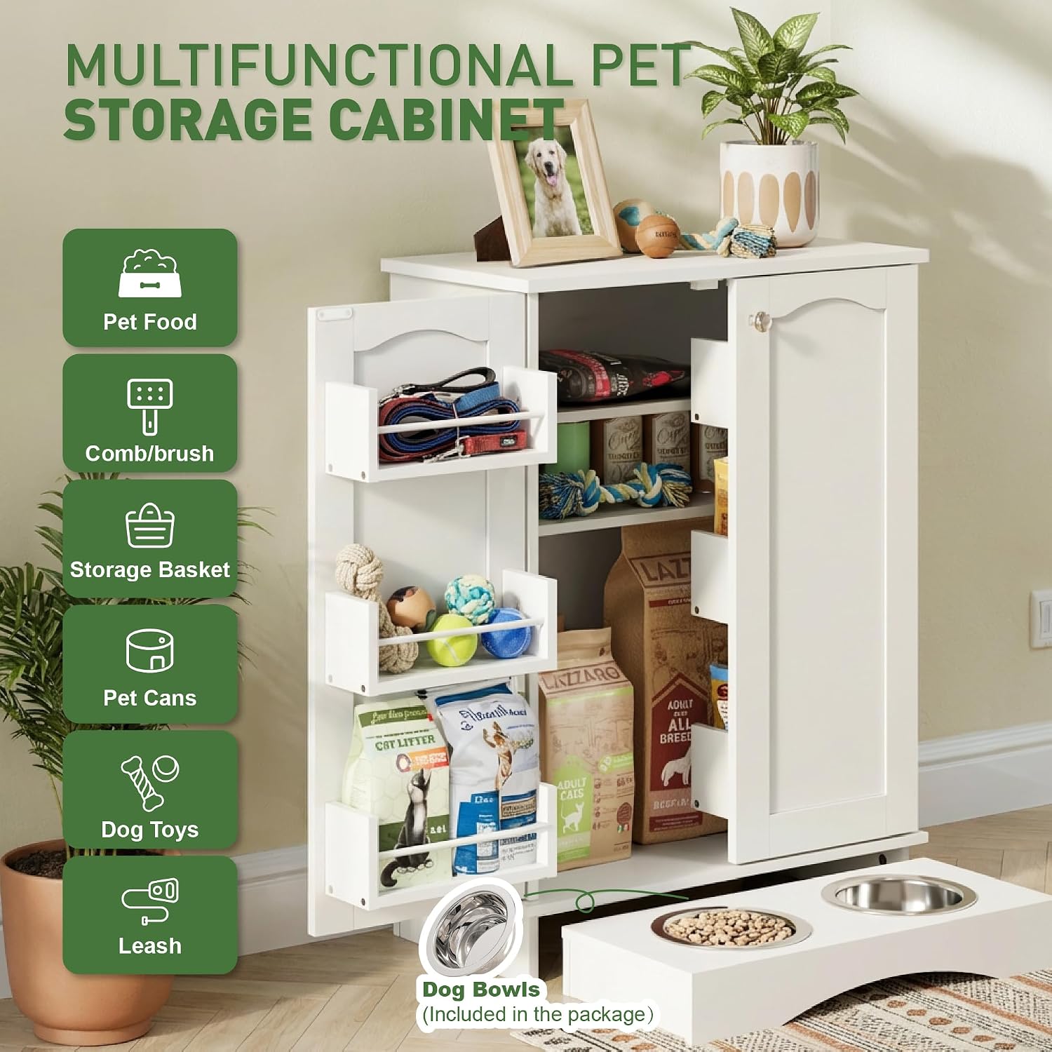 Hometis 23.5'(w) Dog Feeding Station with Storage, Dual Door Hung Storage, Hidden Feeding Bowls,(Off White)