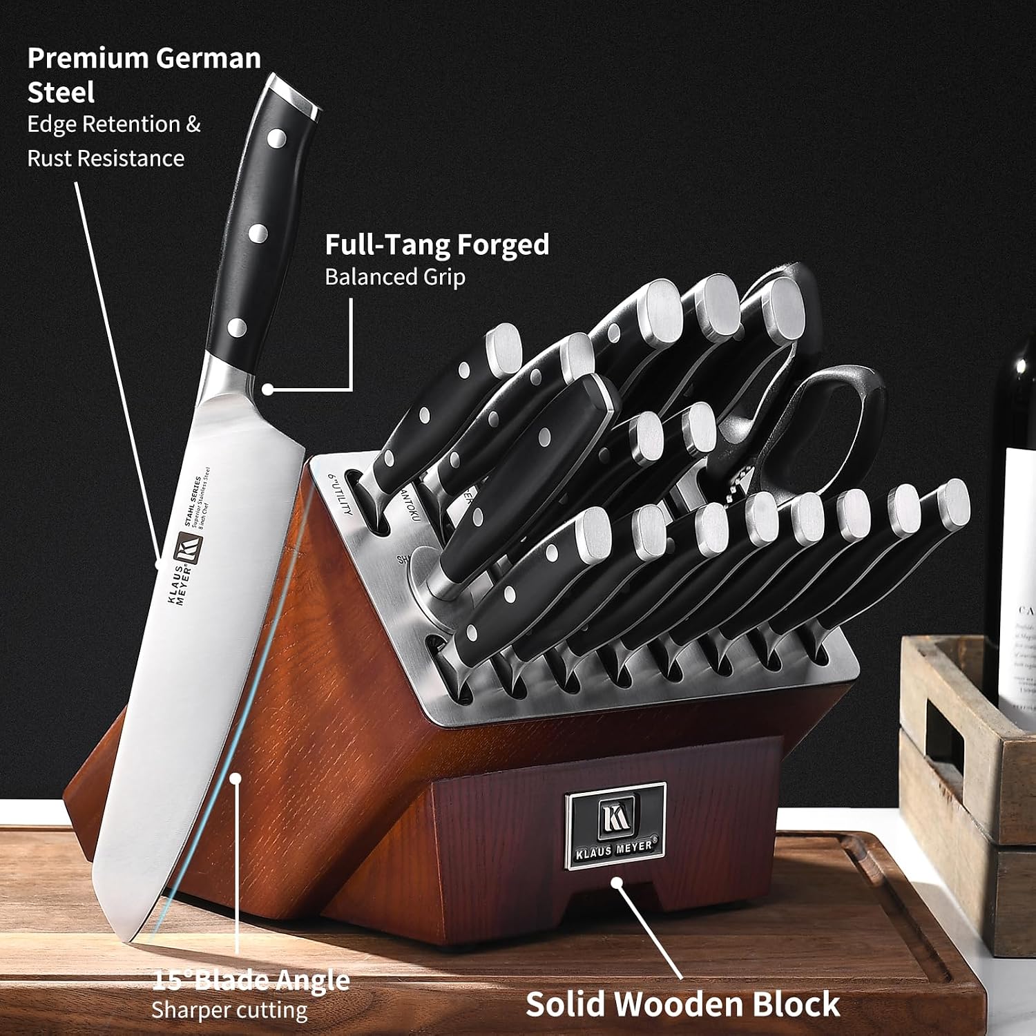 Klaus Meyer 19-Piece Knife Block Set with Sharpener, High Carbon German Stainless Steel (Stahl), Full-Tang Handles, Kitchen Knife Set (Black)