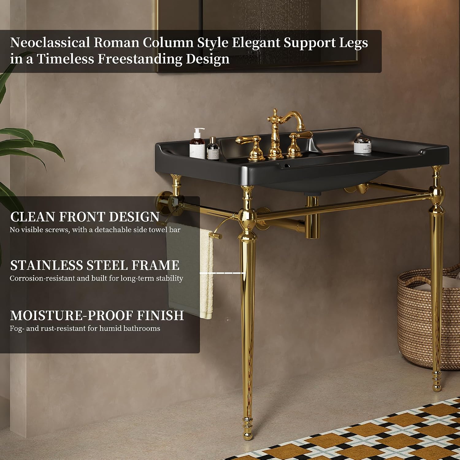 Yayzy 36' Bathroom Vanity with Black Ceramic Sink, Wall-Mounted Console Style, Gold-Finish Stainless Steel Legs & Towel Bar, 3 Faucet Holes, No Faucet