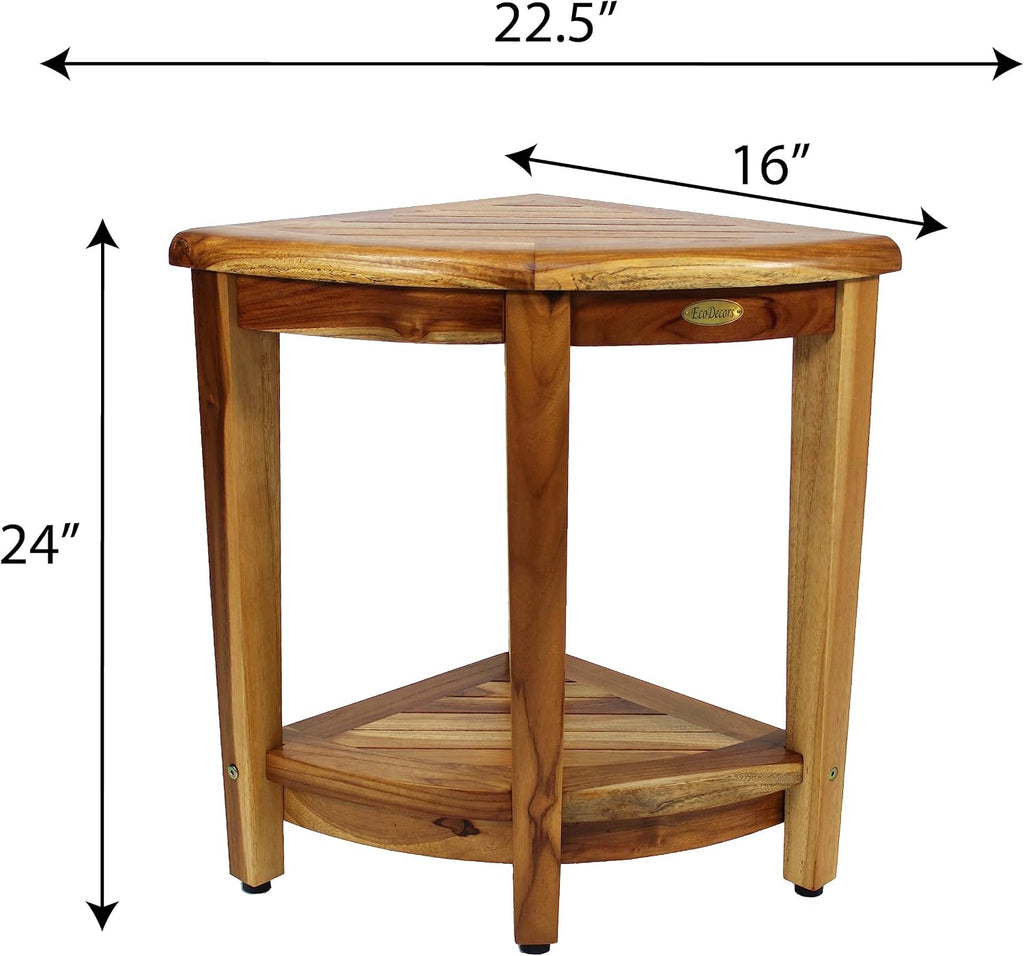 EcoDecors 24' Extended Height Snazzy Corner Natural Color Waterproof Teak Wood Shower Bench Stool Seat Chair for Inside Shower Storage Shelf Provides Safety and Storage for Bathroom Accessories