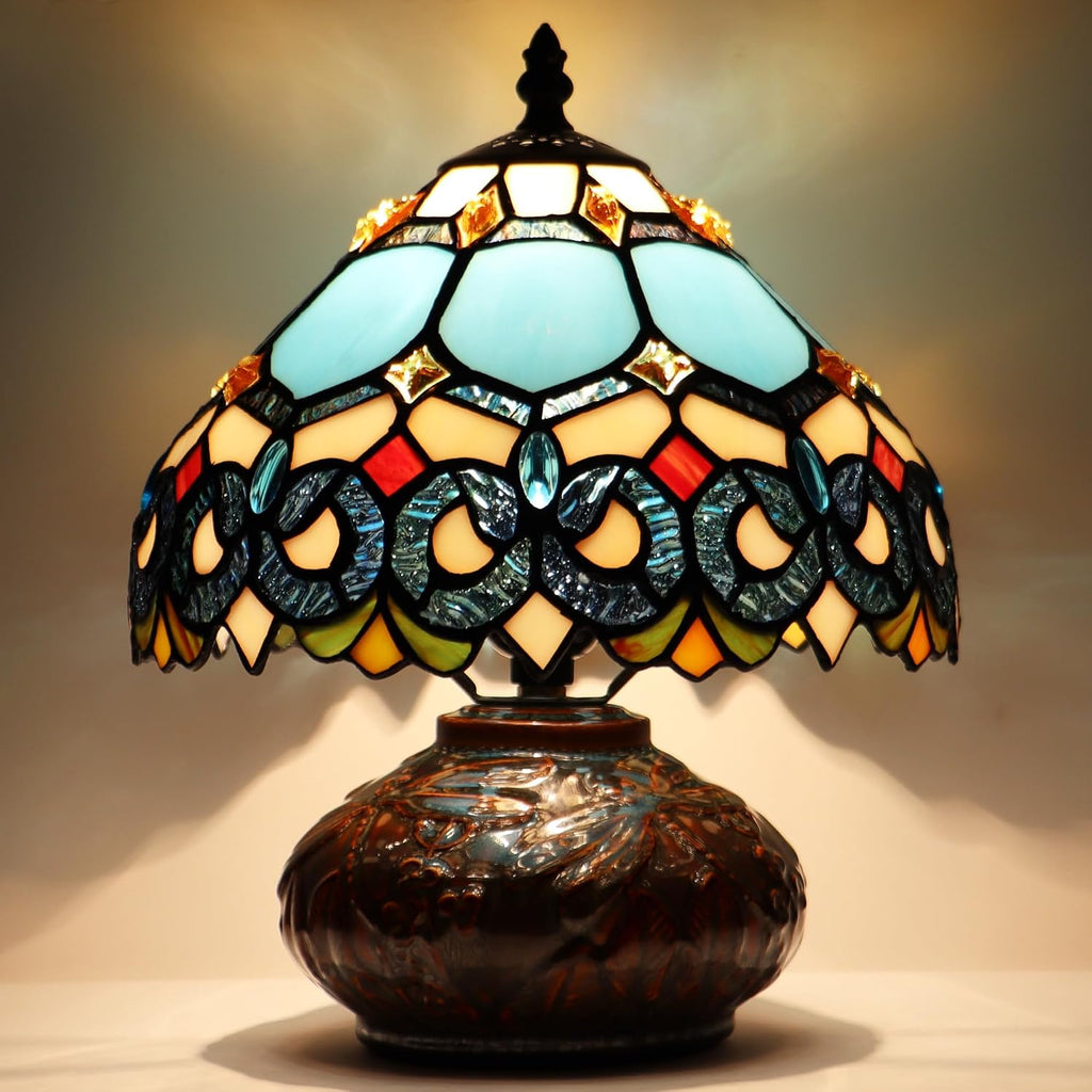 Small Tiffany Table Lamp, 10X10X11 Inch Mini Stained Glass Mushroom Desk Light Memory Sympathy Ceramic lamp (Sapphire Style)