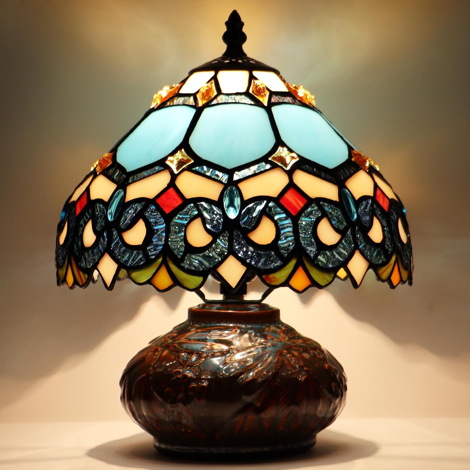 Small Tiffany Table Lamp, 10X10X11 Inch Mini Stained Glass Mushroom Desk Light Memory Sympathy Ceramic lamp (Sapphire Style)
