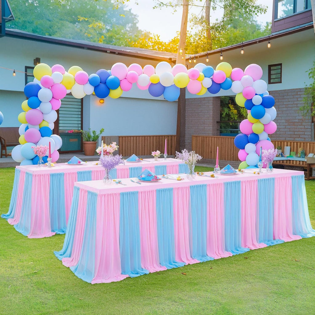 Besutolife Blue Pink Tulle Tablecloth for Rectangle Tables 3 Sides for Wedding Birthday Party Baby Shower Cake Dessert Buffet Banquet Table Decorations 4ft 6Pack