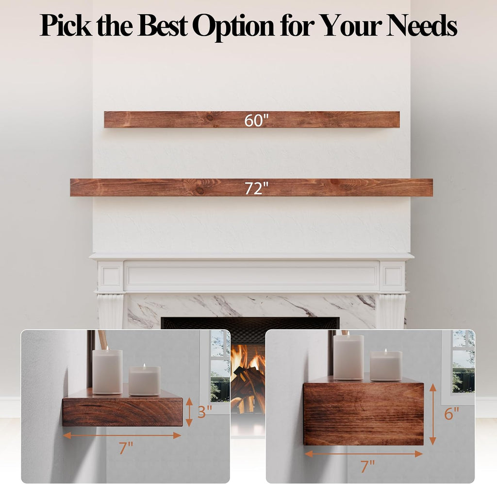 60 Inch Fireplace Mantel Shelf - 7' Deep Solid Wood Floating Mantel for Over Fireplace - 90LBS with Invisible Bracket - Handcrafted TV Decor for Livingroom & Bedroom - Walnut