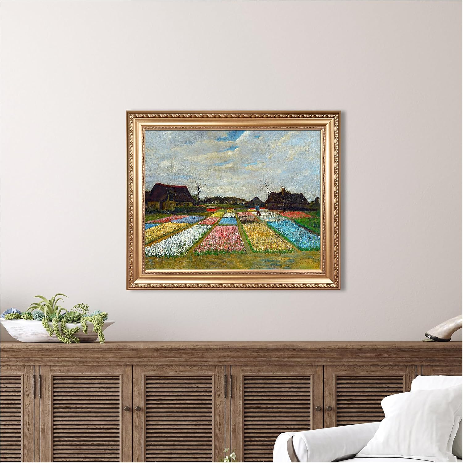 Bulb Fields by Vincent Van Gogh Framed Size:30x36 inches,Image Size:24x30 inches,Golden Frame The World Classic Art Reproductions,Wall Art for Home Decor