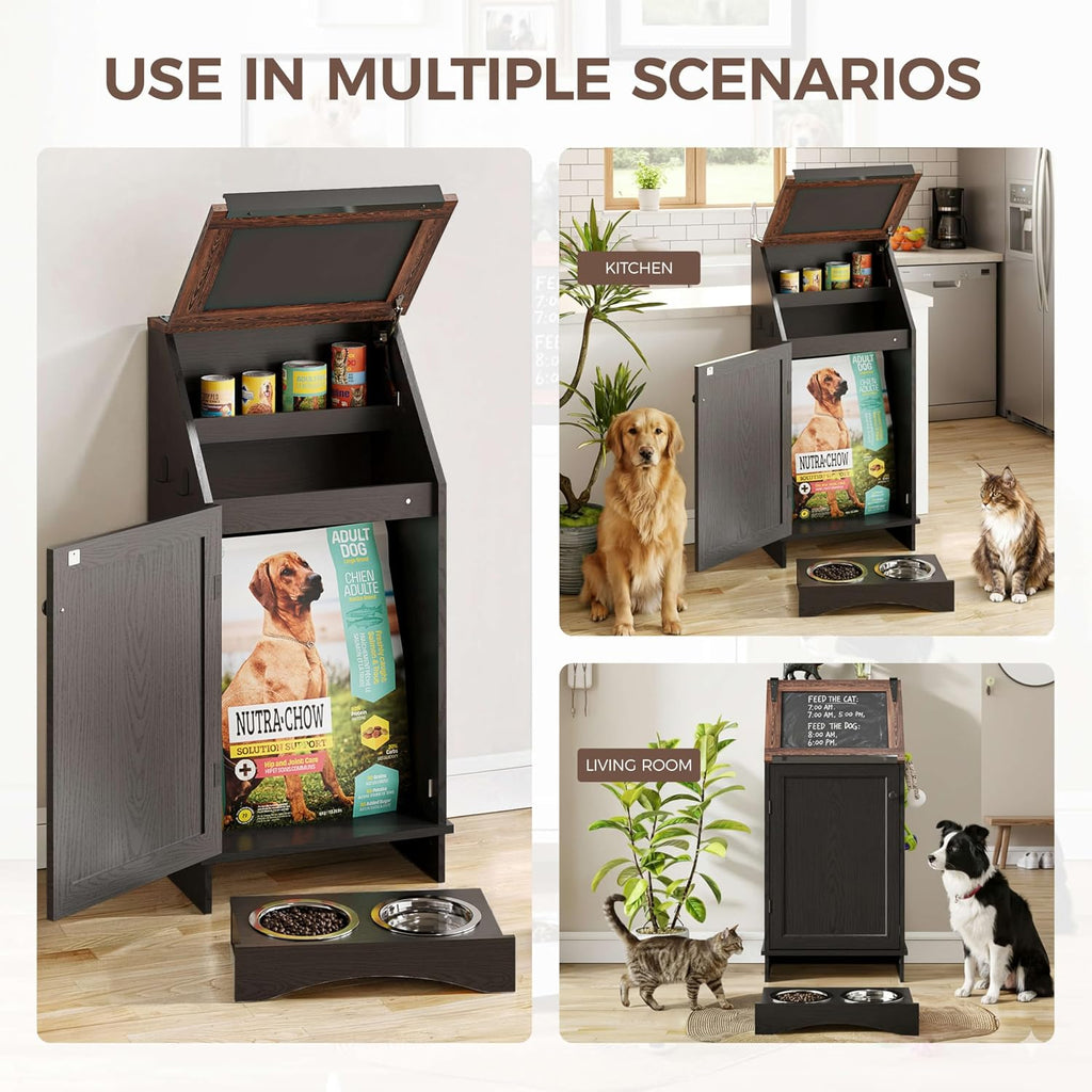 FIMELLO Dog Feeding Station with Storage, Dog Food Cabinet with 2 Hidden Feeding Bowls, Flip-Top Pet Storage Cabinet, Pet Food Holder, Black Grain