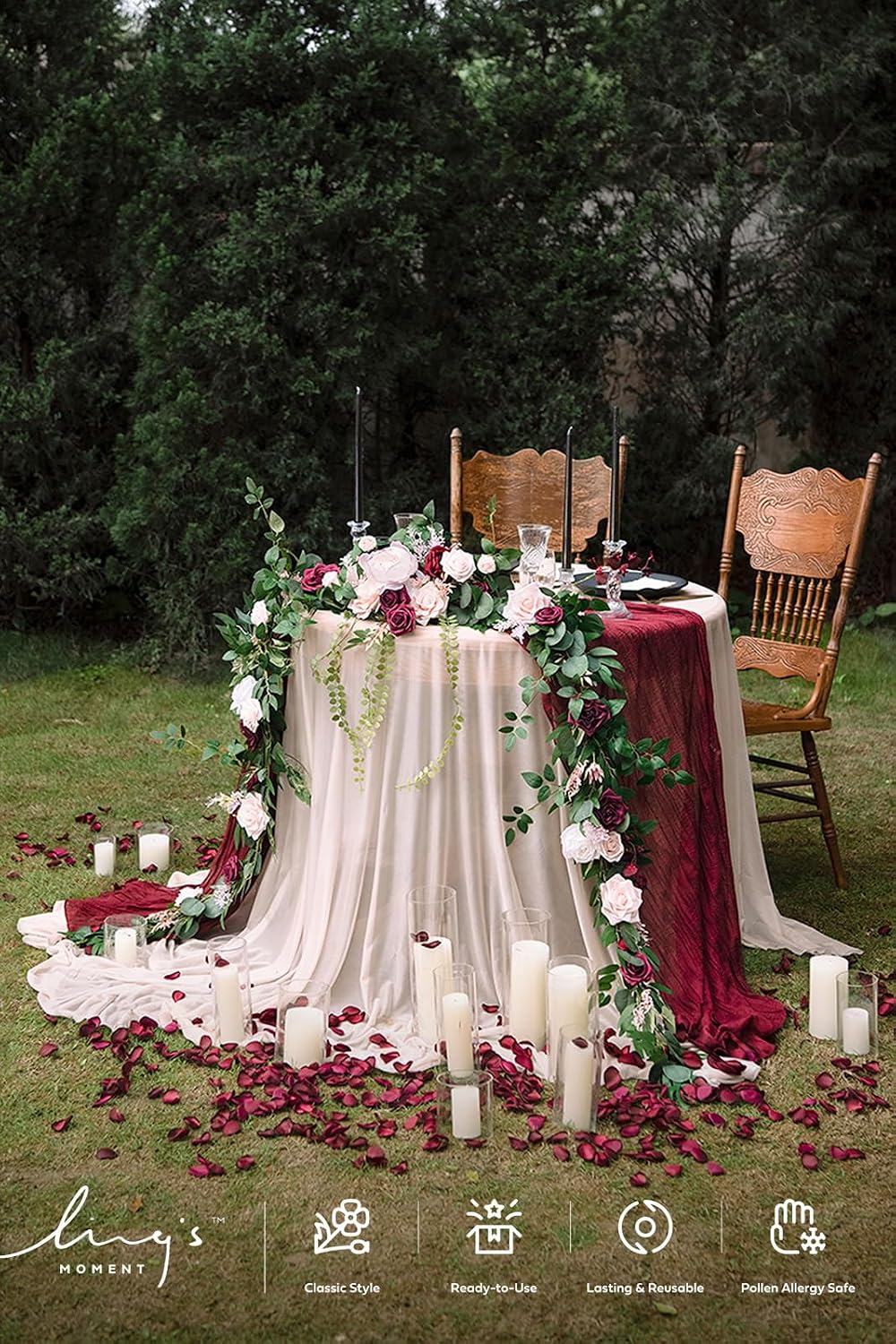 Ling's moment 9FT Spring Flower Garland - Wedding Arch Flowers, Eucalyptus & Rose, Artificial Floral Garland for Mantle - Sweetheart Table Decor for Reception, Backdrop Decorations, Marsala
