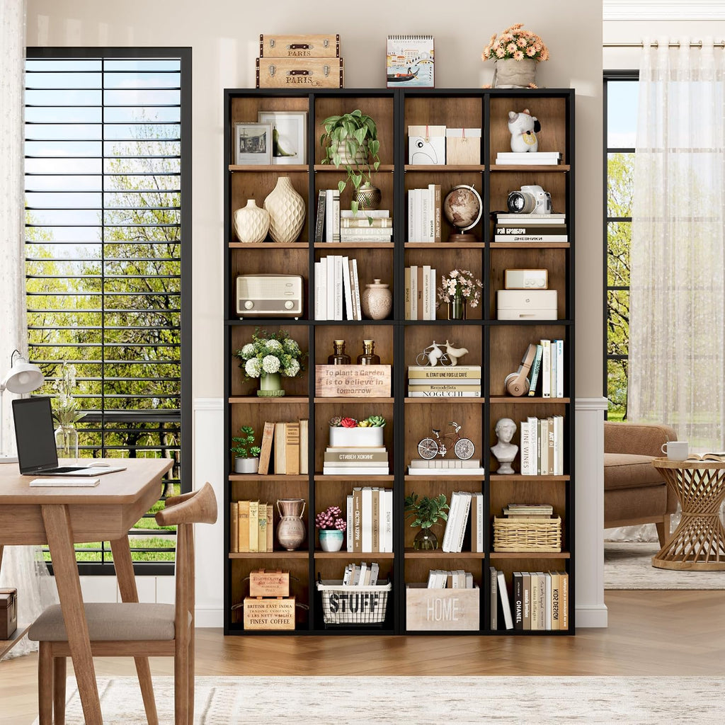 FOTOSOK 71'' Tall Bookshelf Set of 2, 7 Tier Large Bookshelf with Adjustable Shelves, Wide Bookcases and Bookshelf, DVD/CD Media Tower Storage, Cube Book Shelf Display Shelf Cabinet, Black/Brown