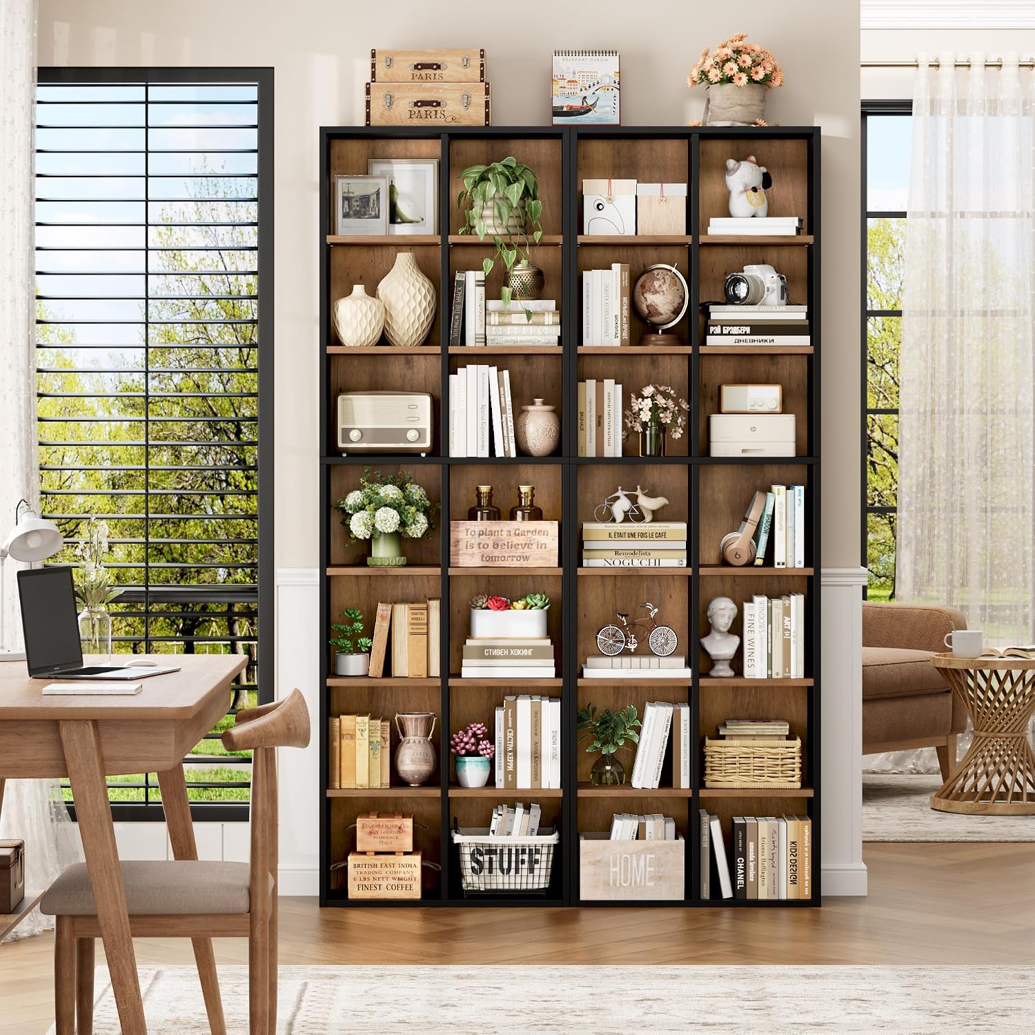 FOTOSOK 71'' Tall Bookshelf Set of 2, 7 Tier Large Bookshelf with Adjustable Shelves, Wide Bookcases and Bookshelf, DVD/CD Media Tower Storage, Cube Book Shelf Display Shelf Cabinet, Black/Brown