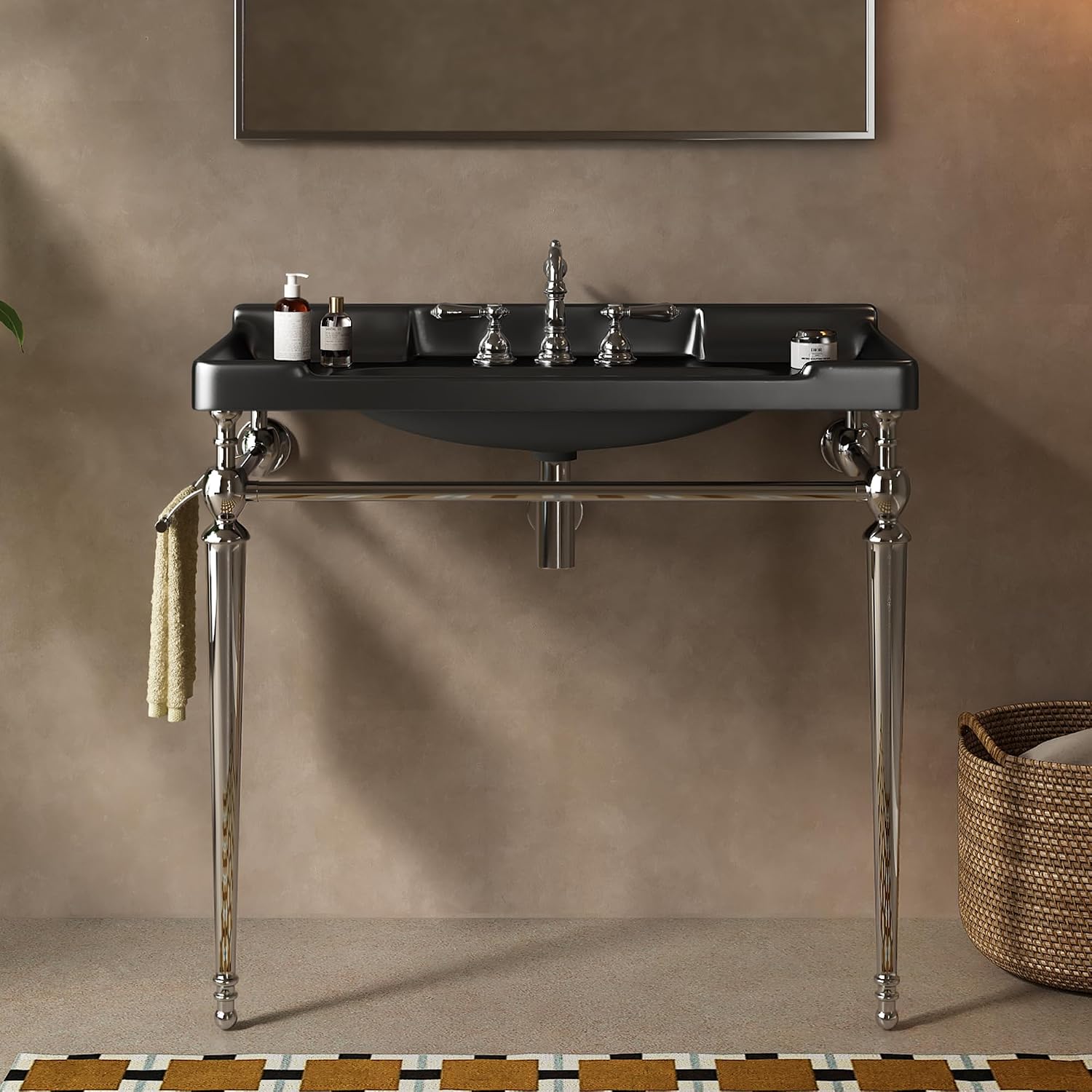 Yayzy 36' Bathroom Vanity with Black Ceramic Sink, Wall-Mounted Console Style, Silver-Finish Stainless Steel Legs & Towel Bar, 3 Faucet Holes, No Faucet