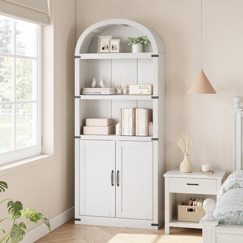 GarveeHome Bookcase with Doors Arched Bookshelf 71.65 in Tall Bookcase Farmhouse Cabinet with Shelves Wooden Bookshelves for Home Office, Living Room