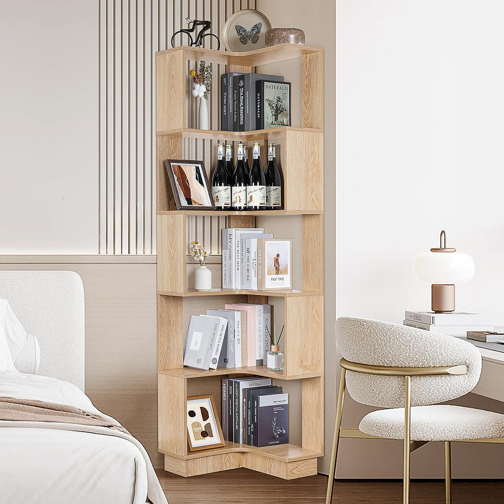 Wooden Corner Bookcase, 5 Tiers Corner Bookshelf 68.9' L-Shaped Storage Display Rack Tall Large Open Bookshelf with Fixture for Living Room Bedroom Study Office