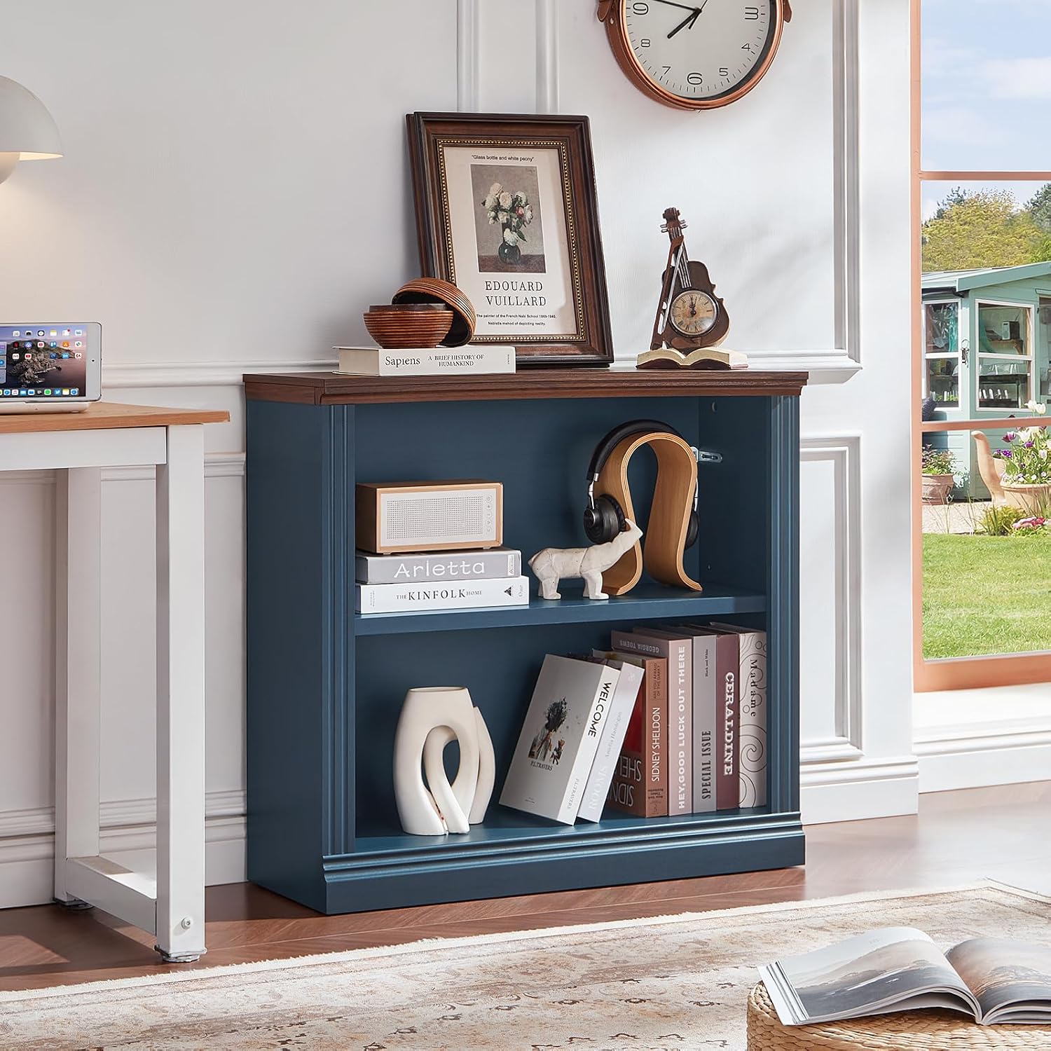 RWYHG 30' Blue Bookshelf Set of 2,2-Tier Thick Wood Book Shelf with Adjustable Shelves,Free Standing Farmhouse Bookcase with Open Display Storage,Floor Vintage Bookshelves for Living Room,Office