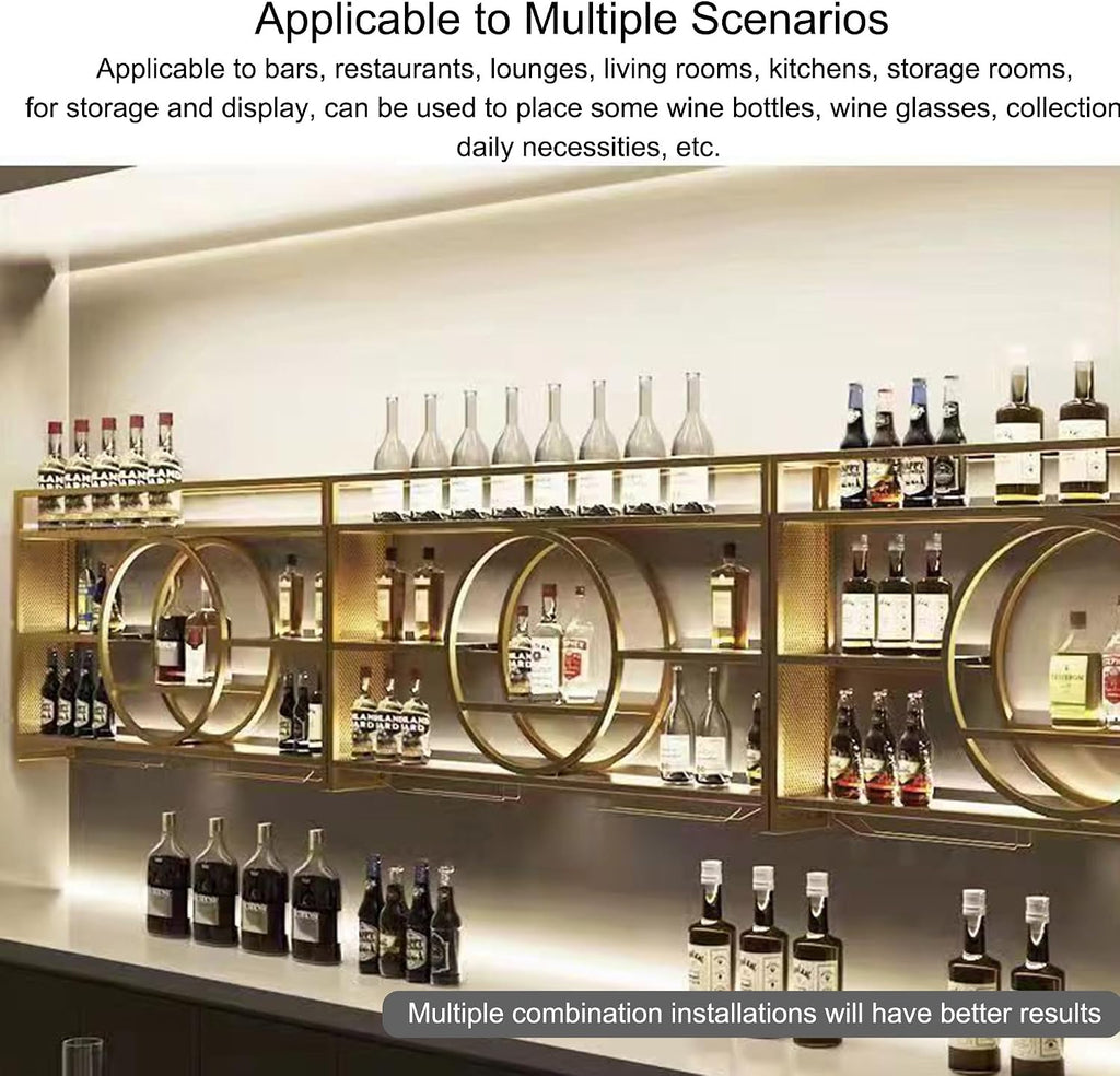 Wall Wine Rack with LED Light Bar Shelves Liquor Bottle Display Shelf Wall Mounted with Hanging Wine Glass Holder Rack Floating Bar Cabinet for Home Bar Dining Room Cafe Kitchen