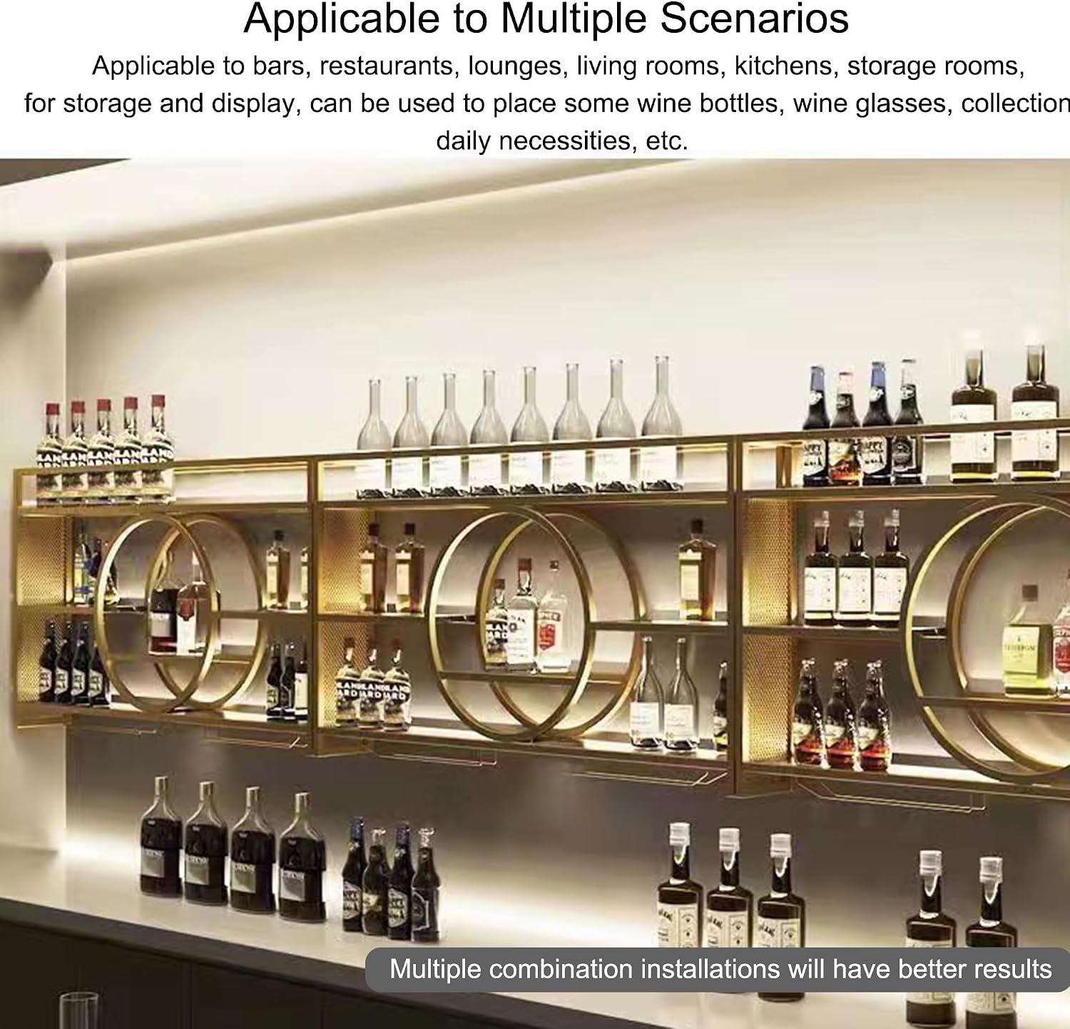Wall Wine Rack with LED Light Bar Shelves Liquor Bottle Display Shelf Wall Mounted with Hanging Wine Glass Holder Rack Floating Bar Cabinet for Home Bar Dining Room Cafe Kitchen