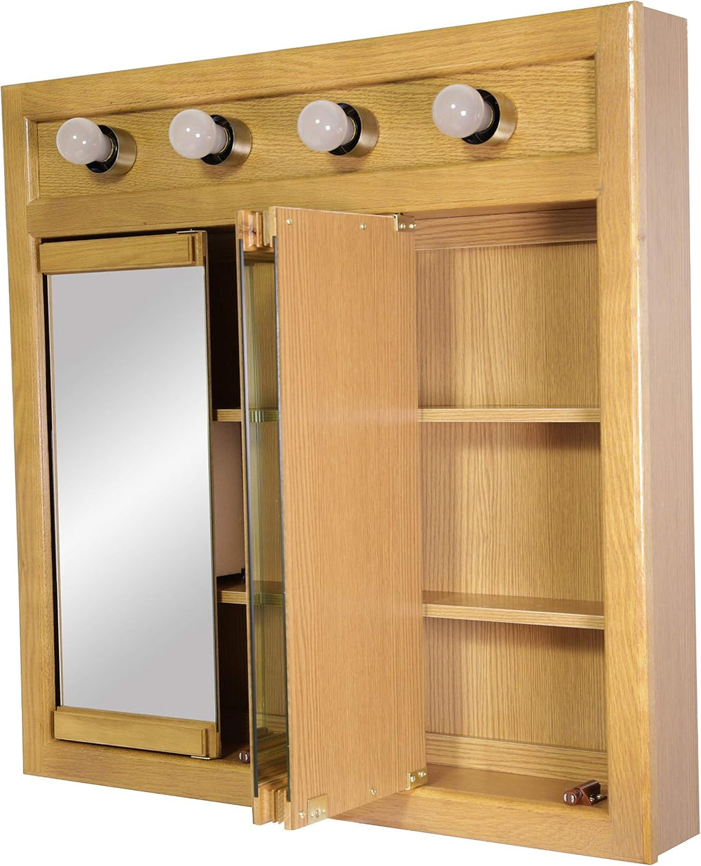 Design House Richland Medicine Cabinet with 4 Lights, Fully Assembled, Wall Mounted, 3 Mirrored Doors, Wood Frame, Oak Finish, 30 in x 5 in x 30 in, 530600-NOK