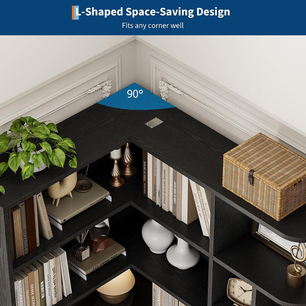 Garvee 74'' Tall Corner Bookshelf - 6-Tier Book Shelf with Drawer and Cabinets, l-Shaped Bookcase Open Storage Shelves Modern Display Shelf for Home, Office