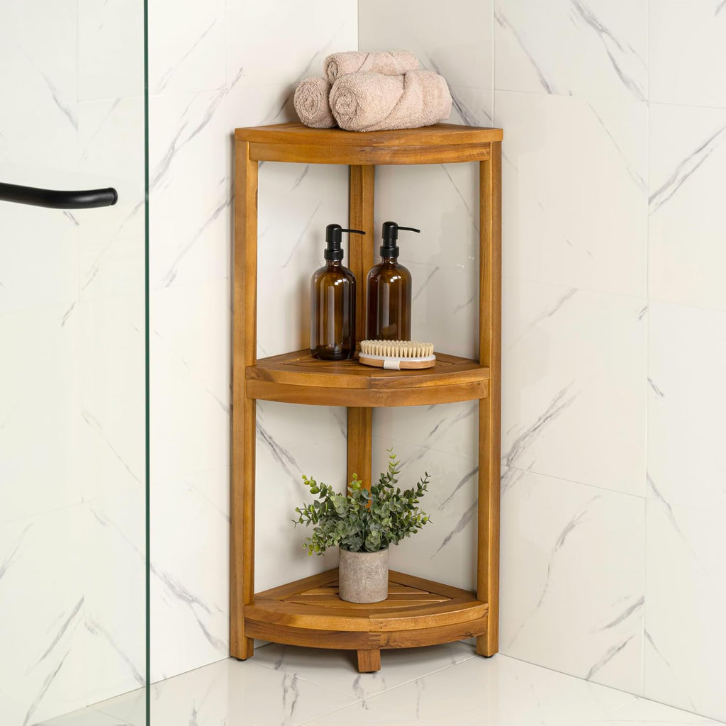 Eyely FHS1000A Etsim 33' Classic Minimalist 3-Tier Acacia Wood Freestanding Bathroom Corner Shelf, Shower Organizer, Storage Rack for Bath, Office, Kitchen Desktop, Natural