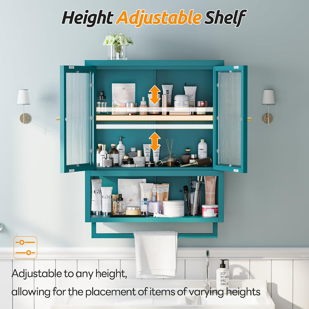Bathroom Wall Cabinet with 2 Glass Door, Bathroom Medicine Cabinet with Towels Bar and Shelves, Over The Toilet Storage Cabinet, Metal Wall Mounted Cabinet for Kitchen (Blue)
