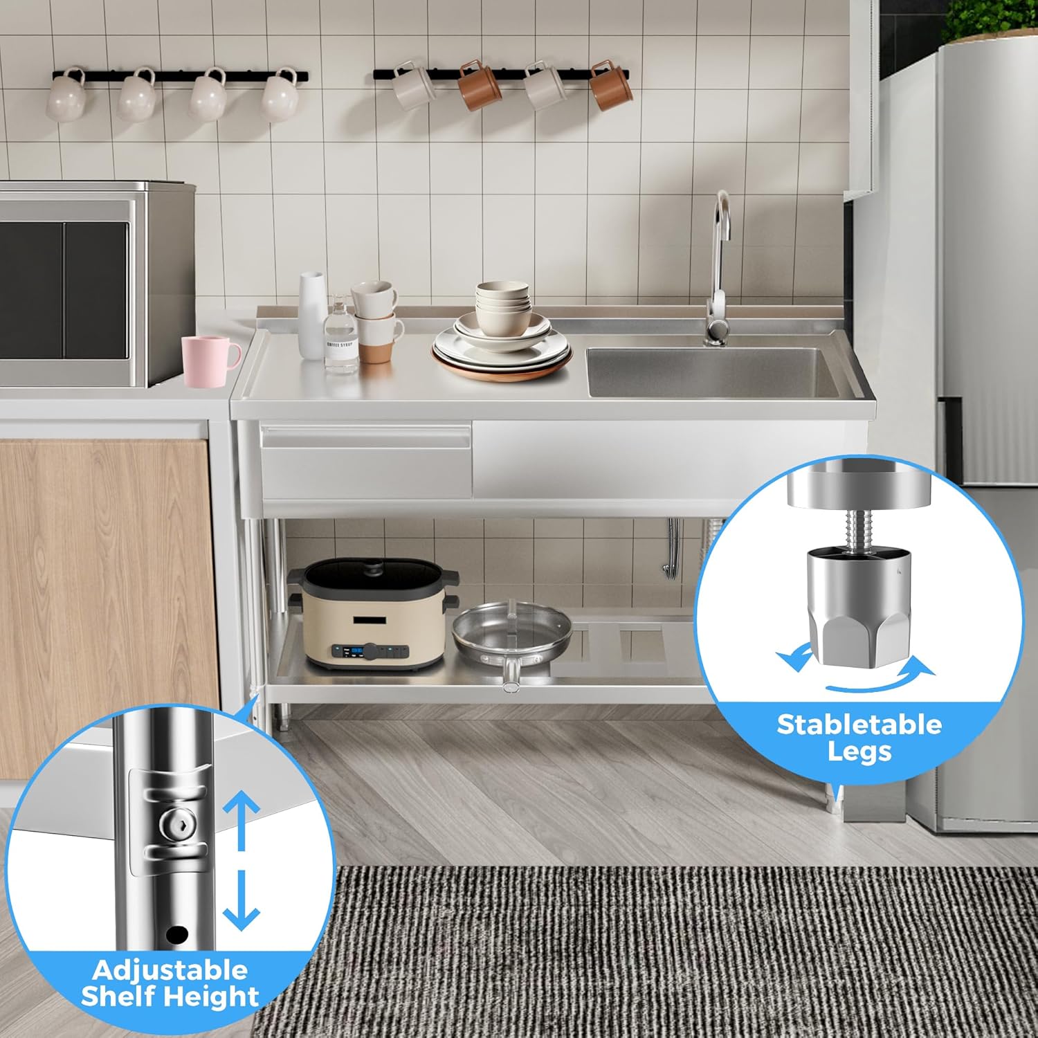 304 Stainless Steel Utility Sink – Free Standing Single Bowl with Workbench, Storage Drawer & Faucet, Hot and Cold Water Pipes for Laundry Room, Farmhouse, Outdoor Use