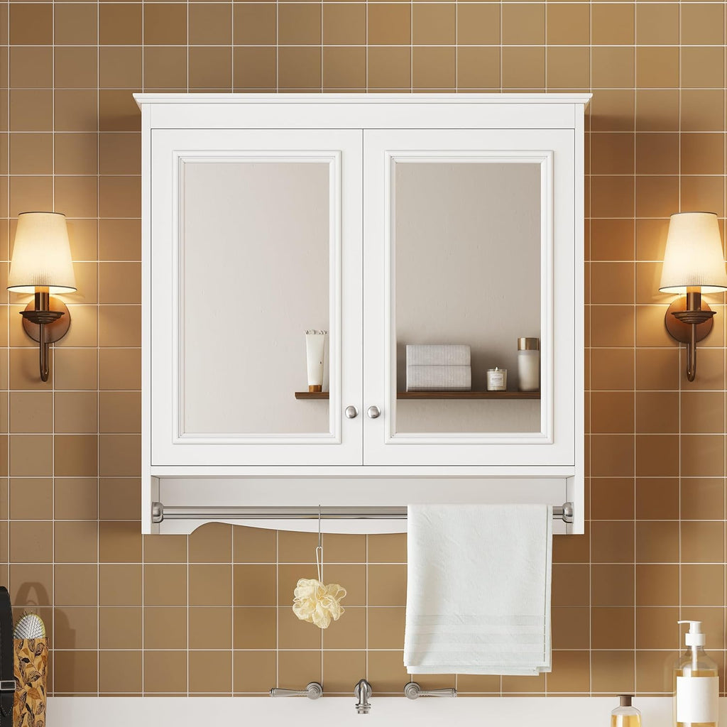 Merax 3-in-1 Bathroom Mirror Cabinet with Adjustable Shelves, Soft Close Doors & Towel Bar, 30' Wall Mounted Medicine Cabinet with High-Definition Mirror, Versatile Storage for Vanity, Bedroom, White