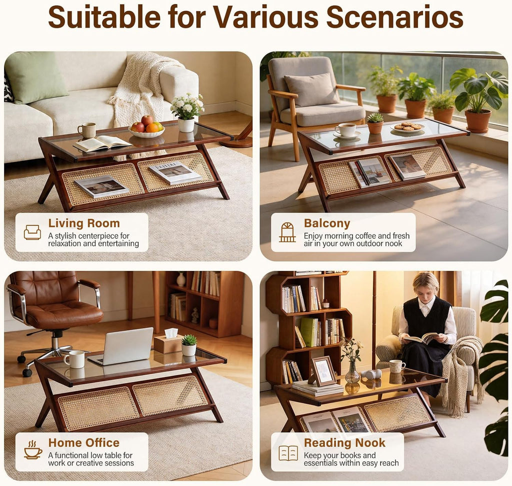 Tiita Rattan Coffee Table, Bamboo Accent Bedside Tables, Glass Nightstand Side Table, Boho Wooden End Table with Storage for Living Room,Living Room, Dining Room, Tea, Home Décor