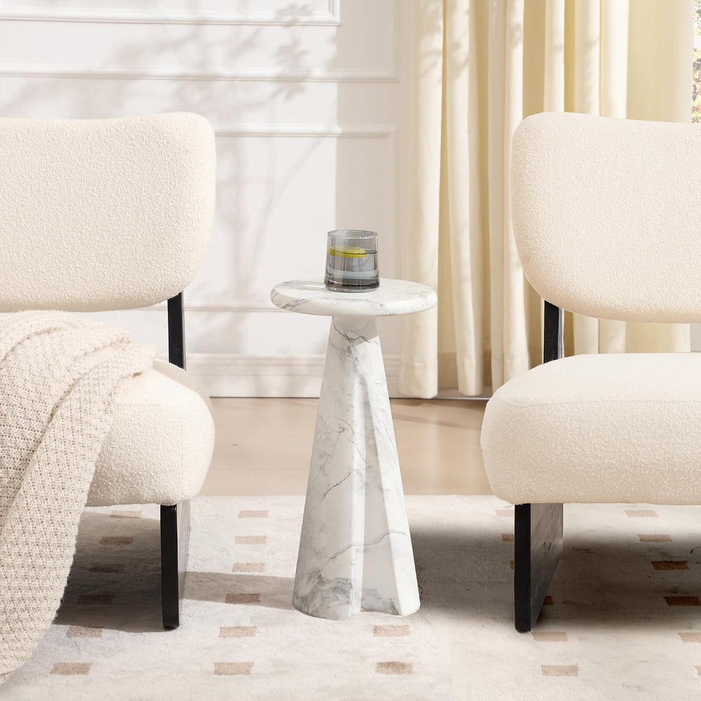 Modern Faux Marble Bedside Table for Living Room, 9' Round Stone Side Table Vintage Night Stand, Small Rustic Wthie End Table for Drink in Bedroom Apartment Waiting Room, White