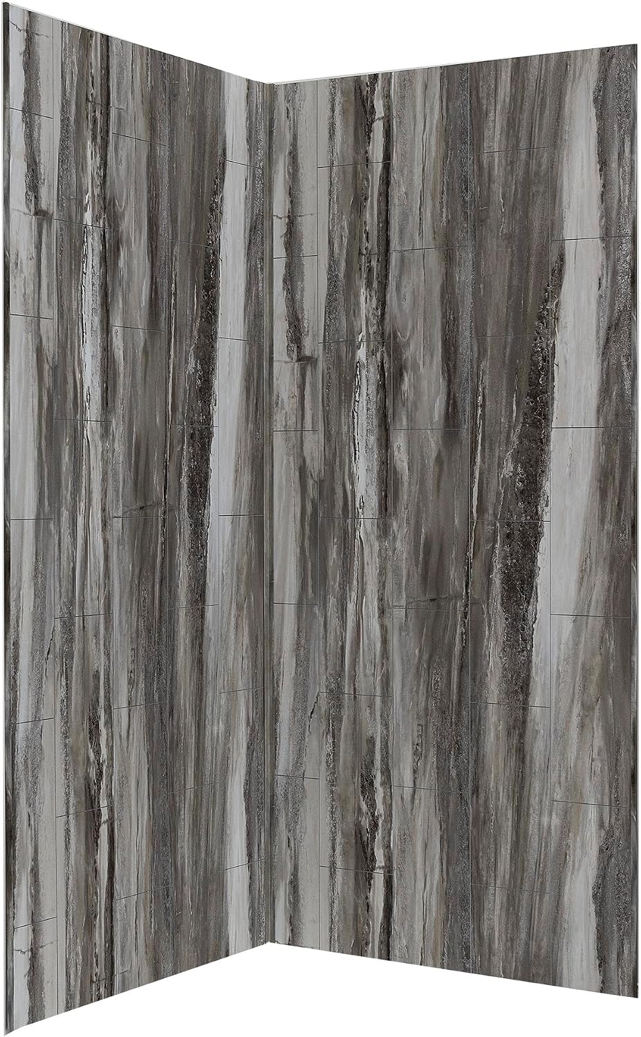Palisade Vinyl Corner Shower Surround Kit 78in x 36in x 36in Louvre Granite | Waterproof PVC wall panels, grout-free design, bathroom renovation, coordinating trim, shelves, adhesive and sealant included