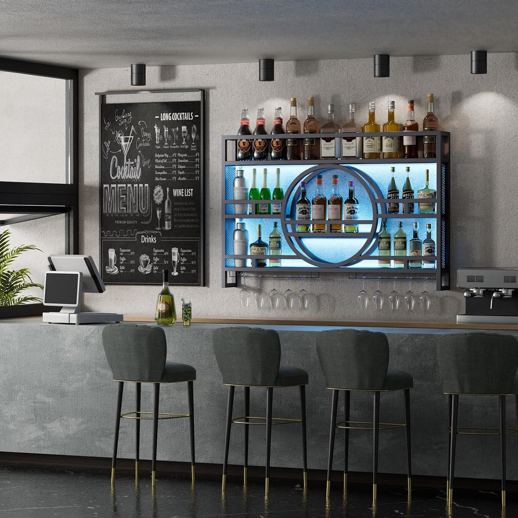 3-Tiers 39in Wine Rack Wall Mounted with Upgarded LED, Floating Bar Shelves with Wine Glass Holder Hanging Industrial Liquor Shelf, Wall-Mounted Wine Racks Cabinets for Home Bar, No Assembly Required