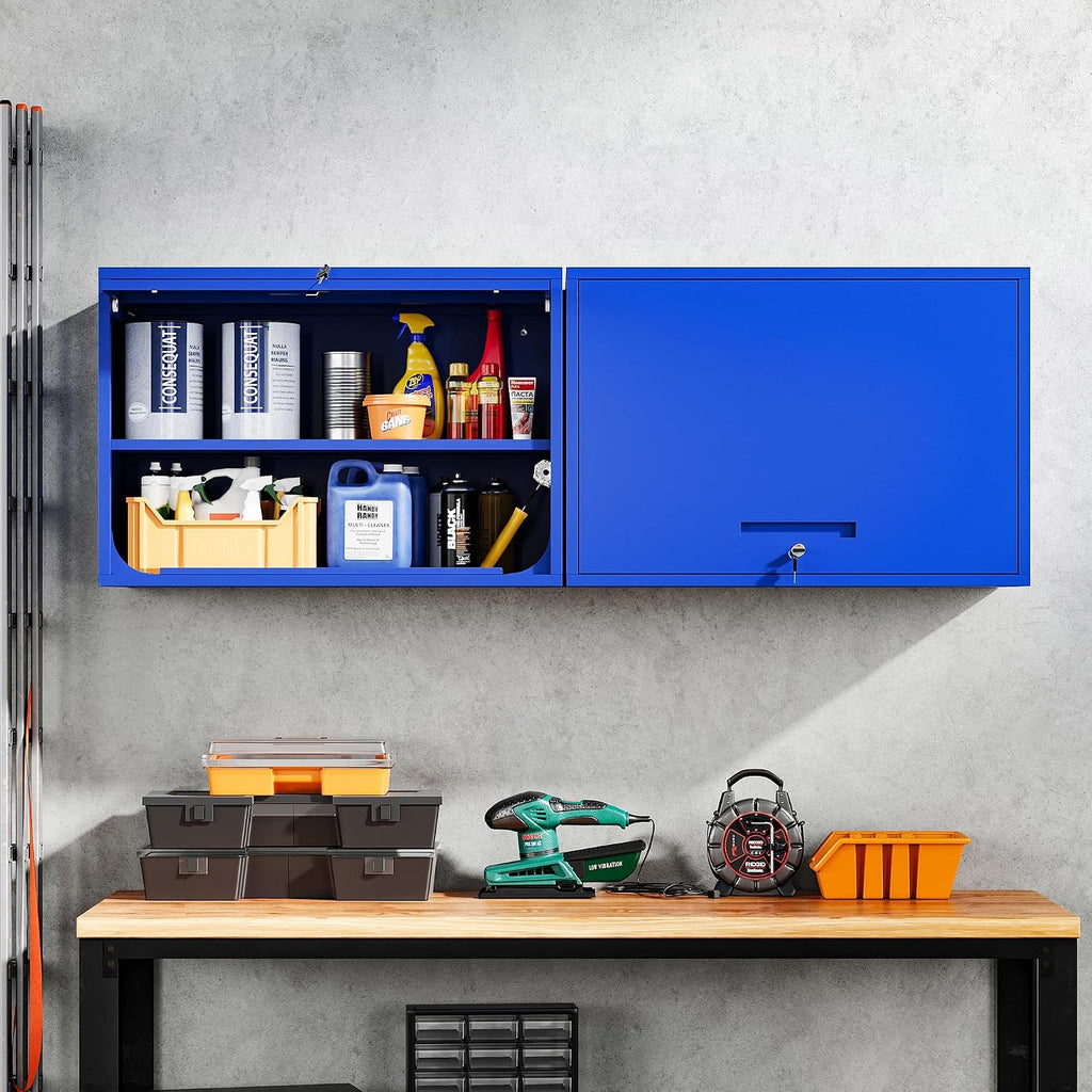 Yizosh Metal Garage Wall Cabinet with Doors and Shelves, Wall Mounted Metal Storage Cabinet, Floating Garage Tool Cabinet for Garage, Basement, Kitchen, Warehouse (Blue, 21.6' H)
