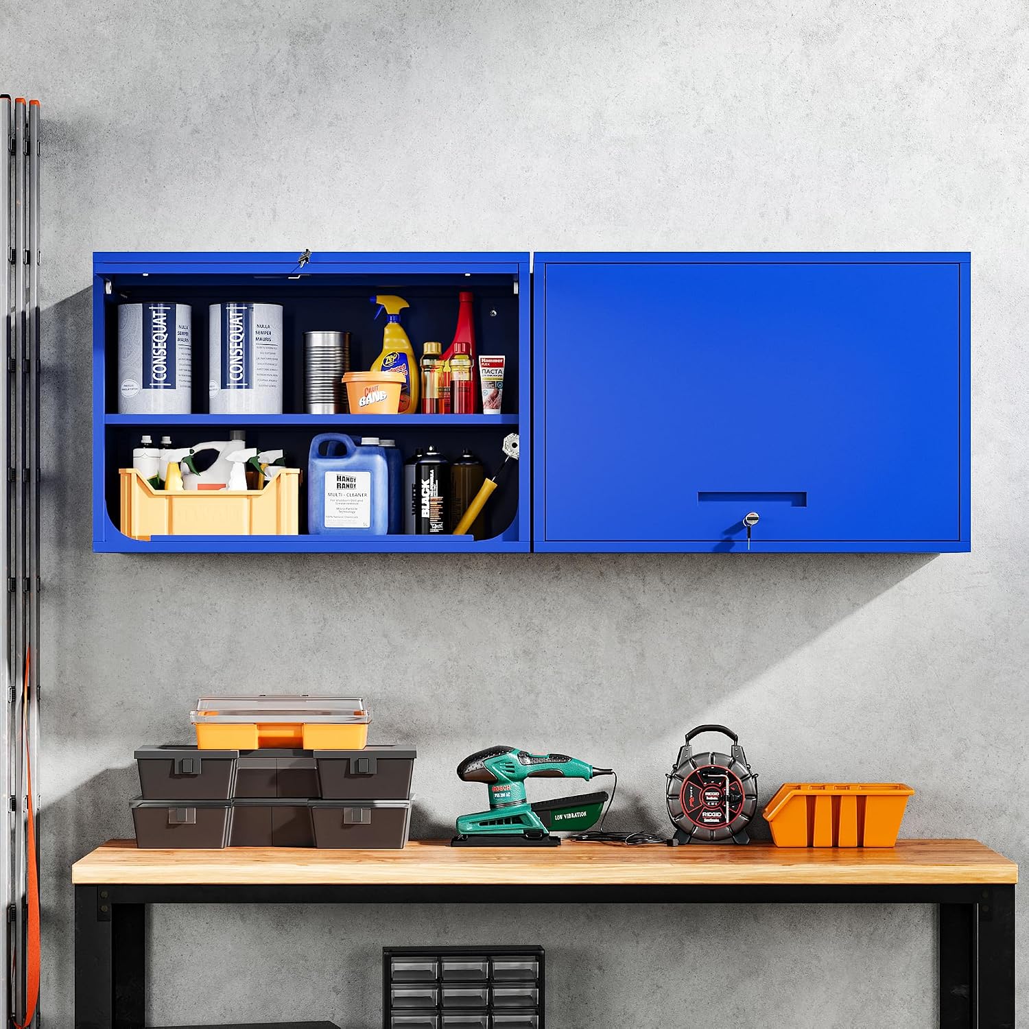 Yizosh Metal Garage Wall Cabinet with Doors and Shelves, Wall Mounted Metal Storage Cabinet, Floating Garage Tool Cabinet for Garage, Basement, Kitchen, Warehouse (Blue, 21.6' H)