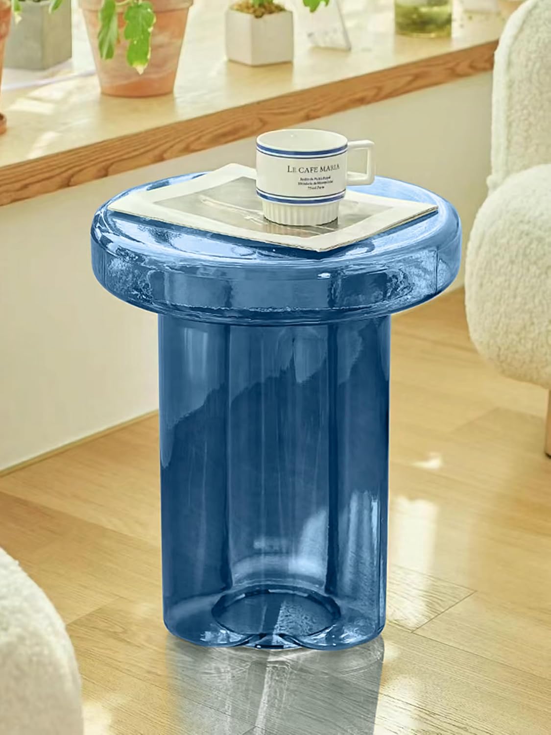 Coffee Table, Round Glass Side Table for Living Room, Modern Small End Table with Tempered Glass Top (Blue, 14.96in)