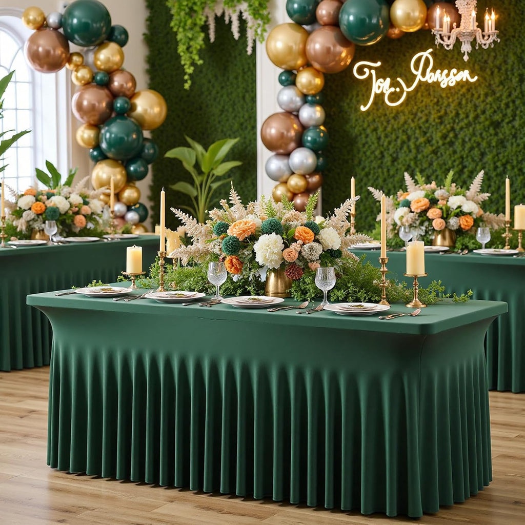 6 pk Hunter Green Spandex Tablecloth 8ft With Ruffle Table Skirt, Wrinkle Free Stretchy Fitted Tablecloths for 8 Foot Rectangle Tables, Elastic Spandex Table Covers for Weddings Parties Banquet Craft