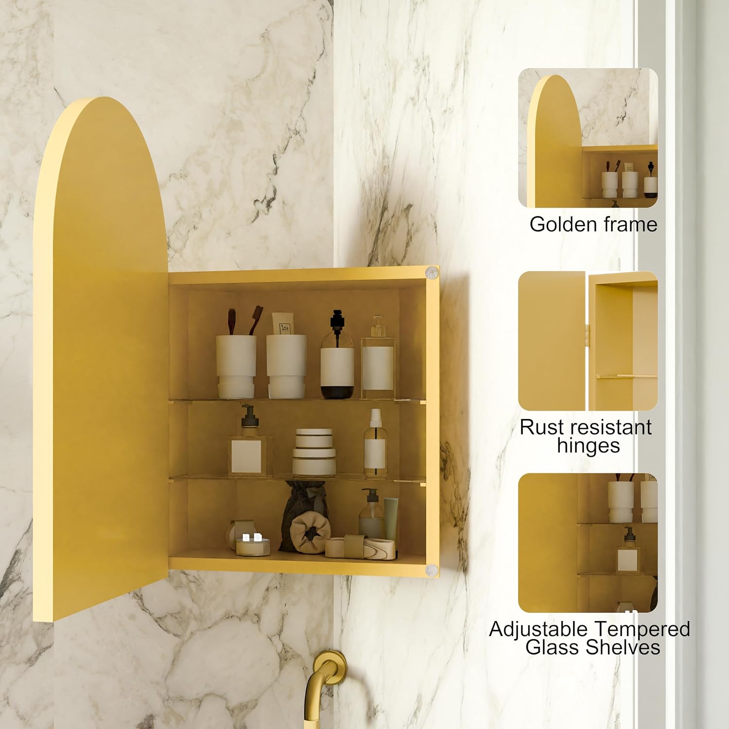 18x24 Inch Metal Corner Medicine Cabinet with Arched Mirror, Matte Gold, Adjustable Tempered Glass Shelves, Space-Saving Wall-Mounted Bathroom Storage Organizer for Small Bathrooms