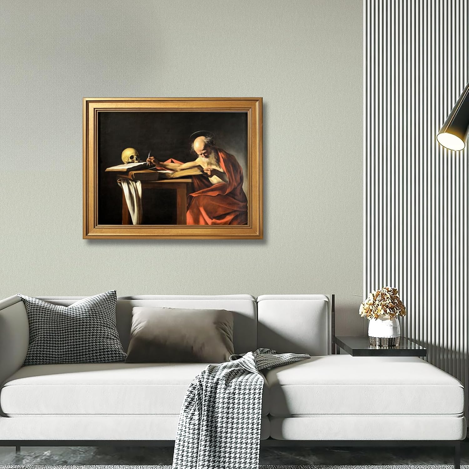 Saint Jerome Writing (1610) Caravaggio (Italian 1571 1610) Classical Religious Wall Art Poster Traditional Christian Posters Renaissance Inspired Decor Canvas Print Living Room 24X36inchGolden frame