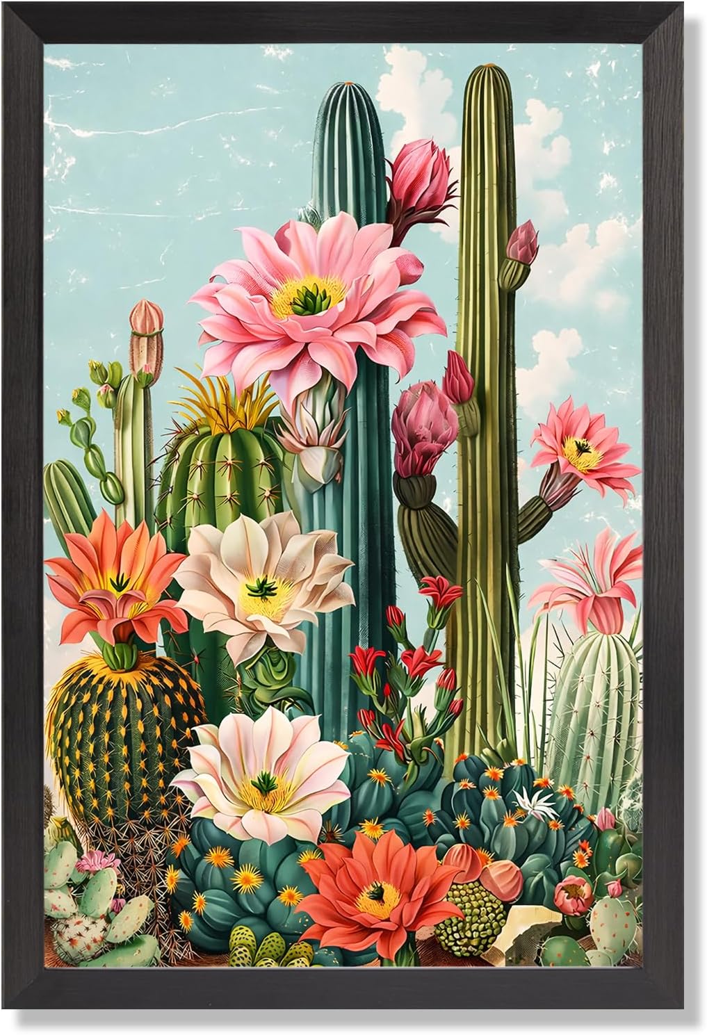 Black Framed Flat Boho Cactus Garden Poster Retro Tropical Succulent Canvas Wall Art Vibrant Flowers Sky Background Prints Painting For Home Bedroom Dorm Wall Decor 24x36in Black Framed Flat