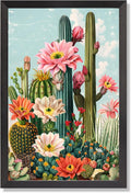 Black Framed Flat Boho Cactus Garden Poster Retro Tropical Succulent Canvas Wall Art Vibrant Flowers Sky Background Prints Painting For Home Bedroom Dorm Wall Decor 24x36in Black Framed Flat