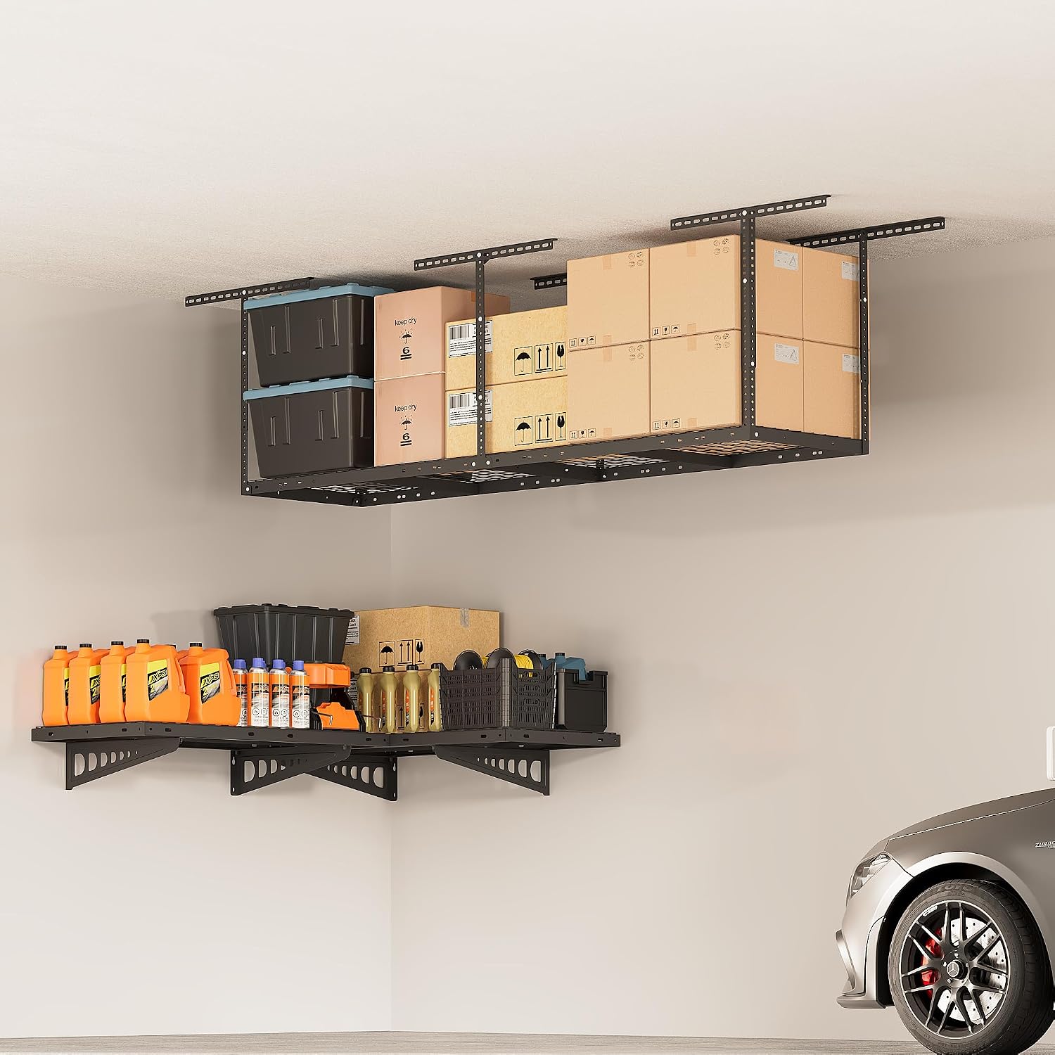 FLEXIMOUNTS 2x8 Overhead Garage Storage Rack, plus 2-Pack 2x4ft Corner Wall Mounted Floating Shelves, 450lbs+440lbs Capacity, Heavy-Duty Garage Organizer, Black