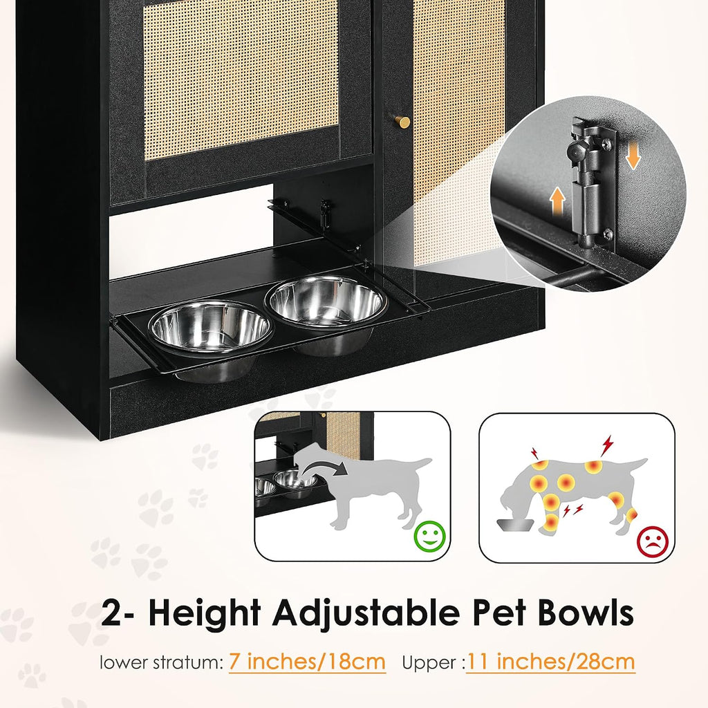 Feeding Station with 2 Lockers, Pet Feeding Station with 2 Elevated Dog Bowls, Side Hooks, Anti-Tipping Kit, Hidden Pet Feeding Station for Feeding and Watering, Rattan Door, Black