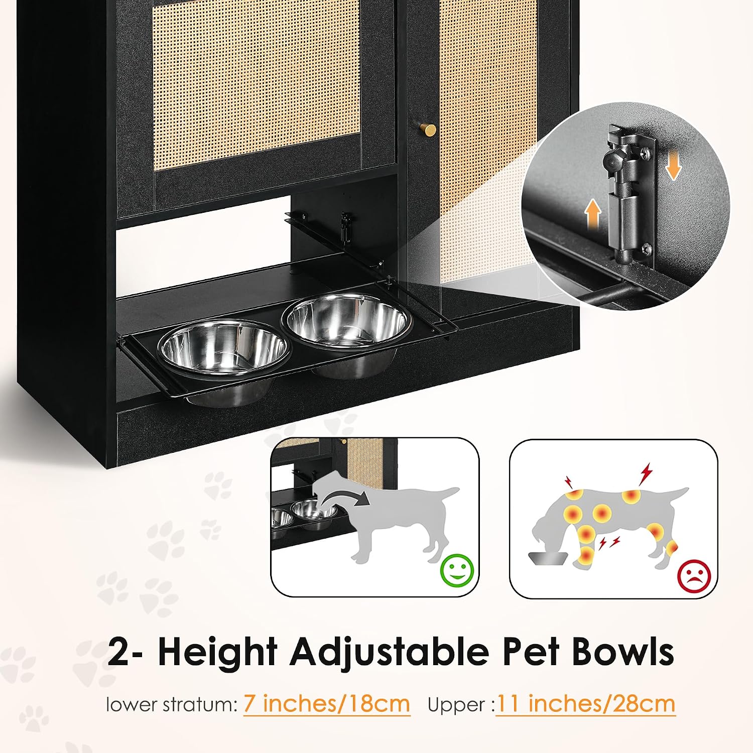 Feeding Station with 2 Lockers, Pet Feeding Station with 2 Elevated Dog Bowls, Side Hooks, Anti-Tipping Kit, Hidden Pet Feeding Station for Feeding and Watering, Rattan Door, Black