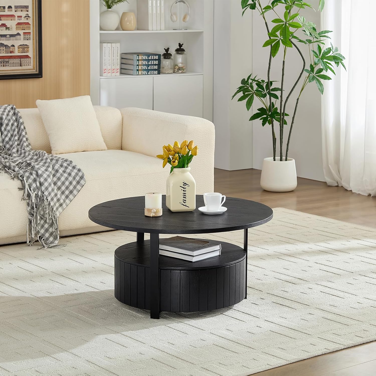 33' Round Coffee Table with Storage, Solid Wood 2 Tier Mid Century Modern Coffee Table with Drawer, Circle Fluted Center Table for Living Room Home Office Small Space, Black