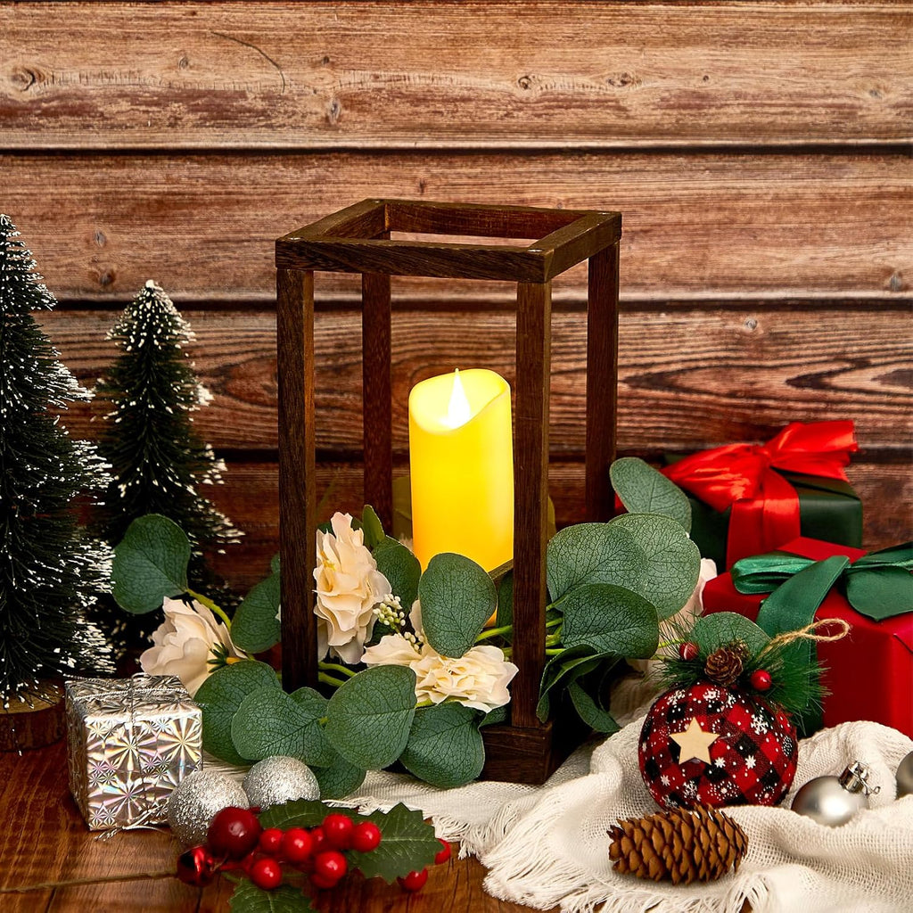 Sabary 45Pcs/15 Set Wooden Wedding Lantern Centerpiece, Include 15 Candle Holder 15 LED Candle 15 Eucalyptus Leave Wreath for Rustic Wedding Table Decoration, Country Barn Table Valentine Decor, Party