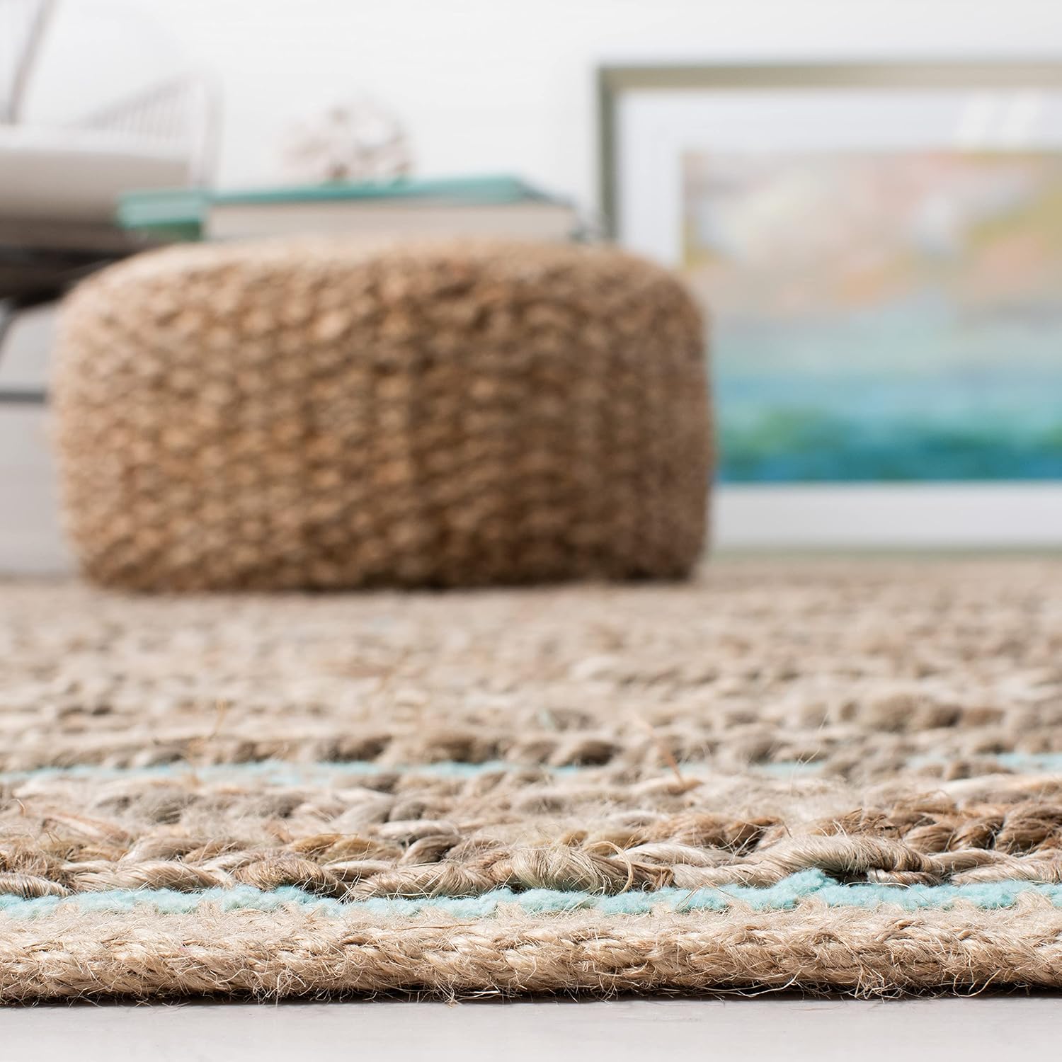 SAFAVIEH Cape Cod Collection Area Rug - 5' x 8', Aqua, Handmade Flat Weave Jute, Ideal for High Traffic Areas in Living Room, Bedroom (CAP851D)